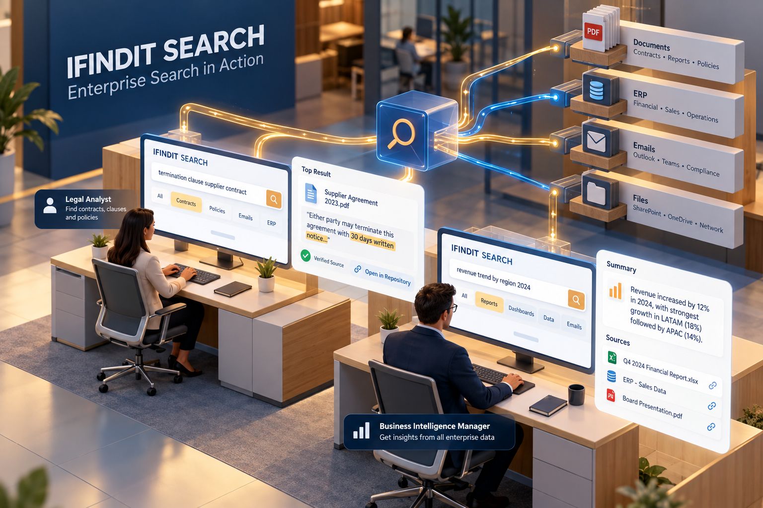 Ilustración de equipos consultando documentos, aplicaciones, correos y archivos conectados con IFINDIT SEARCH.